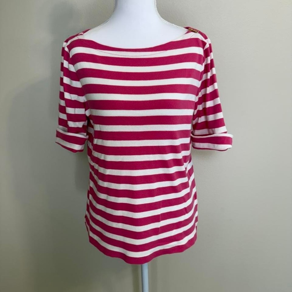 Lauren Ralph Lauren Striped Boat Neck Blouse Sz L 3/4 Sleeve Preppy Casual Chic